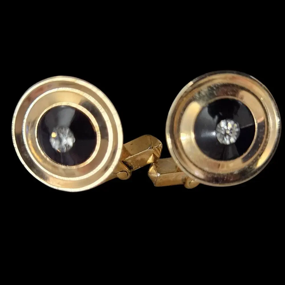 Swank Gold Tone Black Onyx Style Rhinestone Center Cufflinks Vintage
